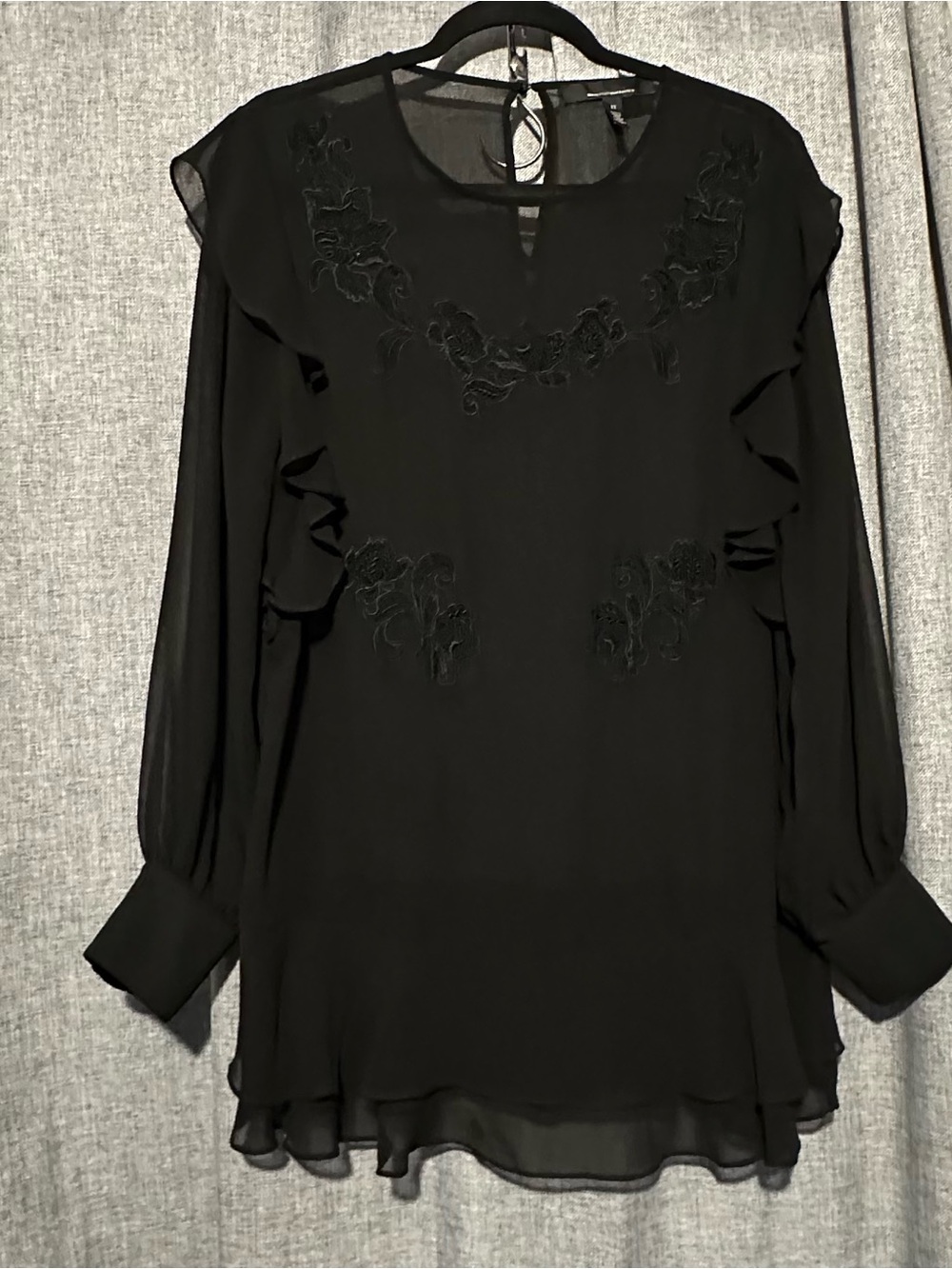 NWOT White House Black Market Black Ruffle Chiffon Floral Embroidered Blouse
